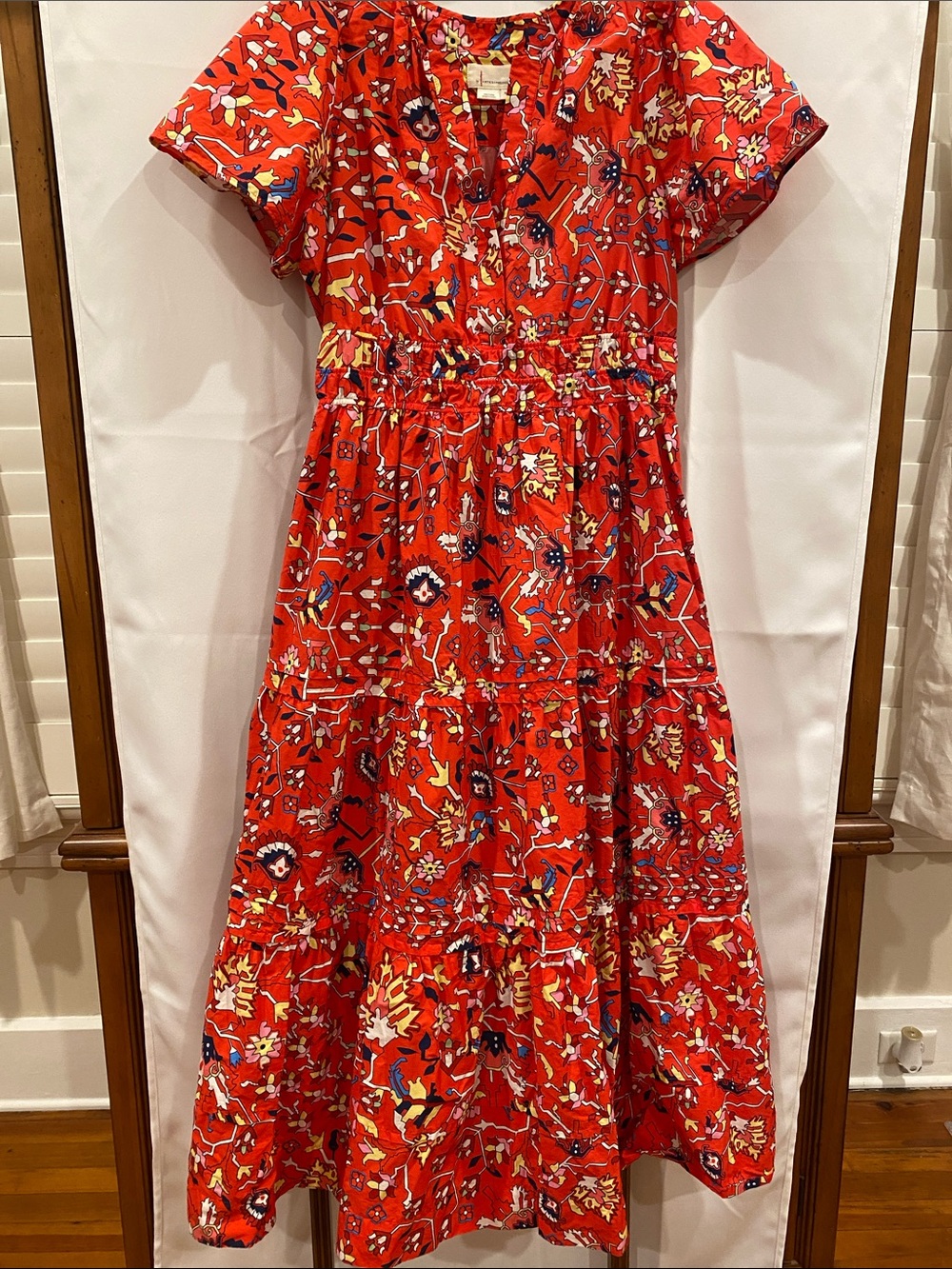 Anthropologie Red Floral Tiered Maxi Dress with Multicolor Print